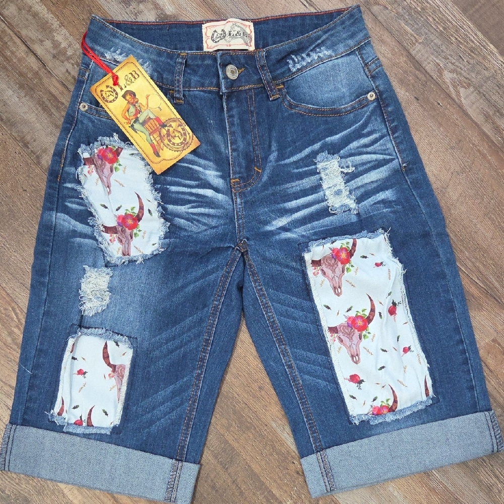 L&B Blue Jean Shorts with Bull Print Patches